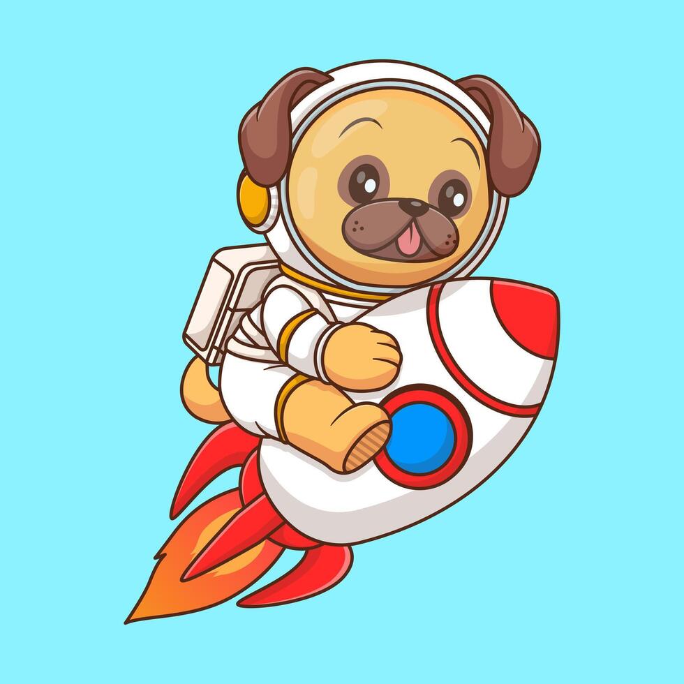 Cute pug dog astronaut riding rocket in space cartoon vector icon illustration animal science isolated