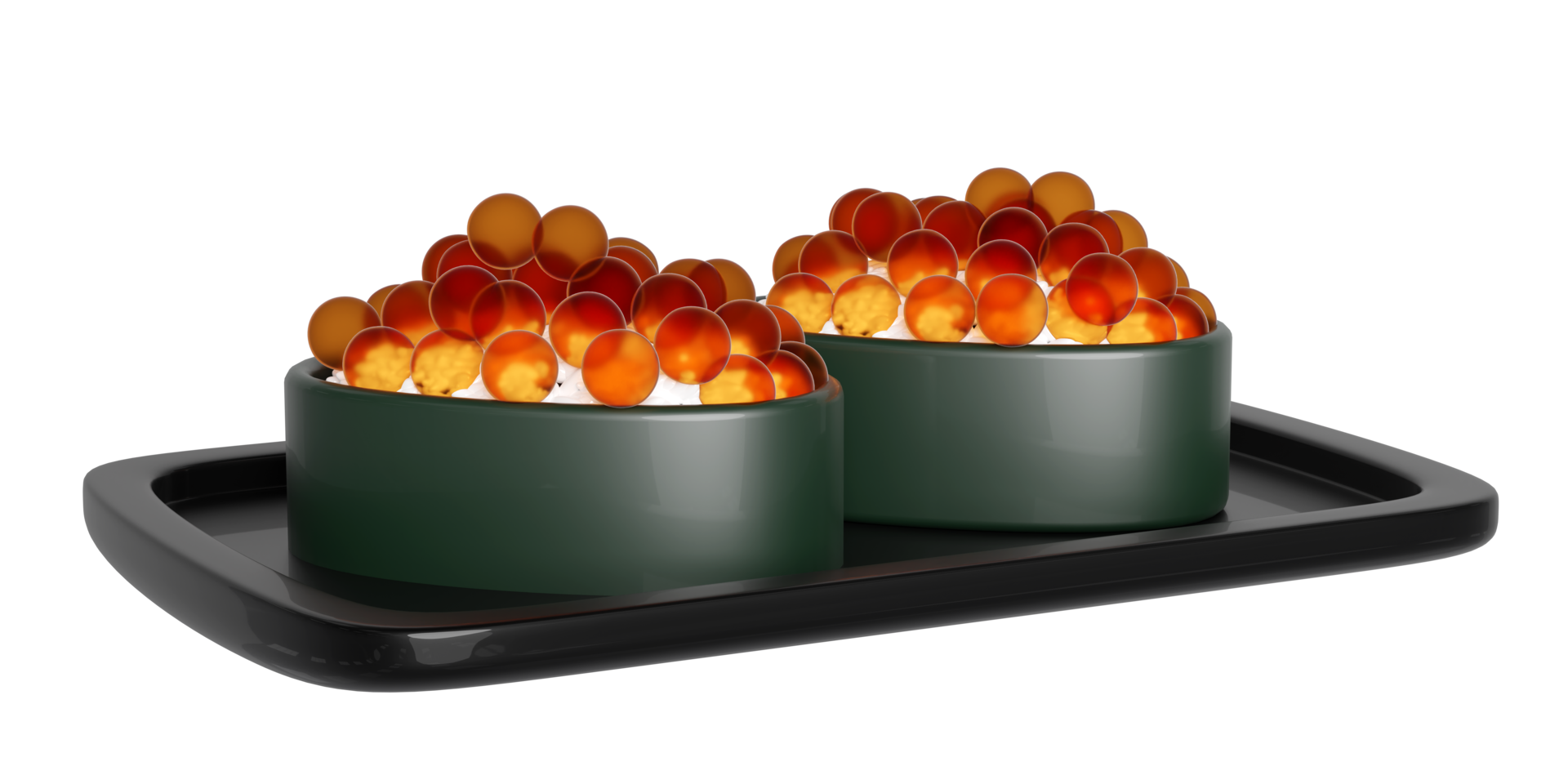 rolled sushi of salmon roe nigiri on food tray, japanese food isolated concept, 3d render illustration png