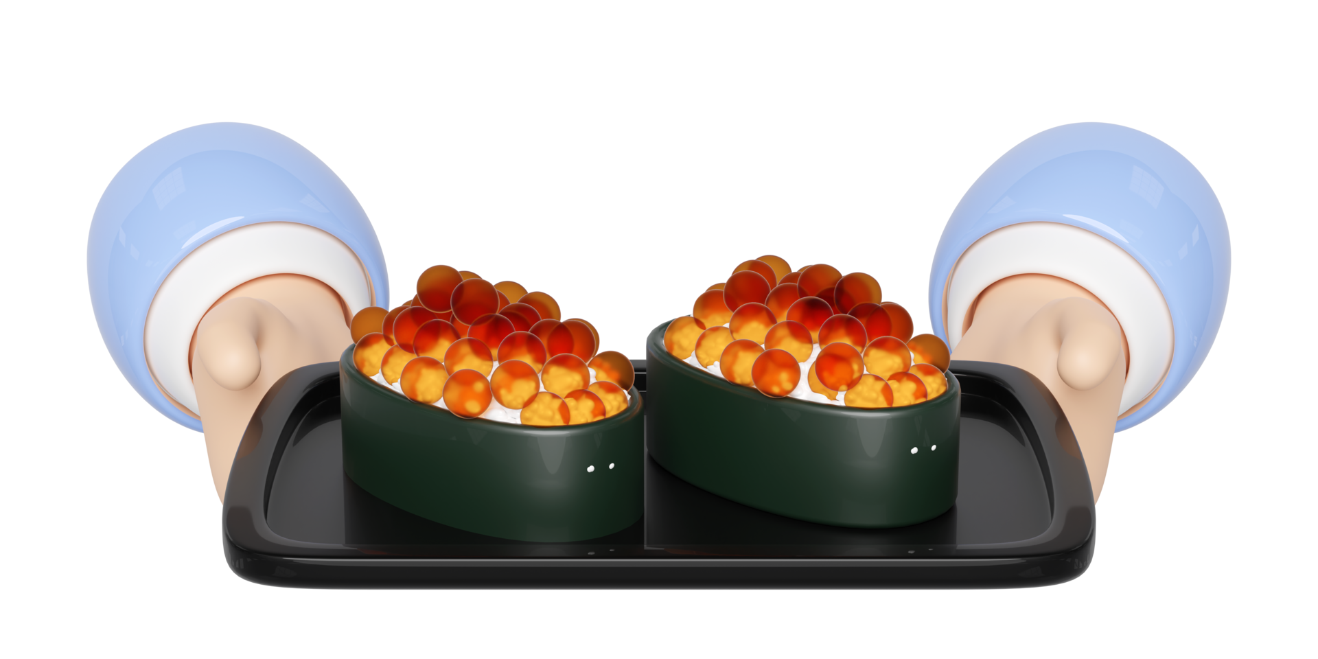 3d hand hold rolled sushi of salmon roe nigiri on food tray, japanese food isolated concept, 3d render illustration png