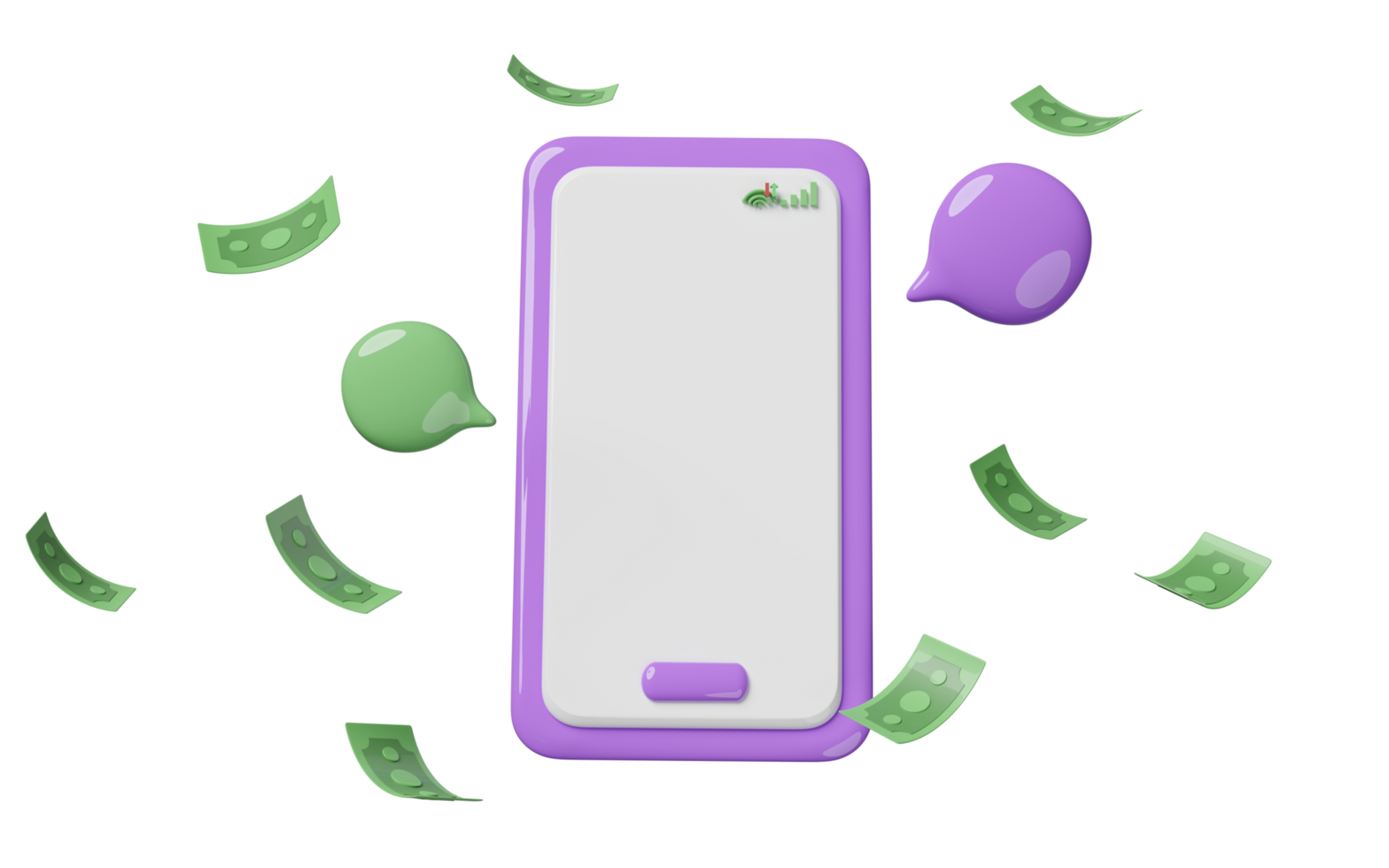 smartphone, mobile phone with banknote, chat bubbles isolated. Internet banking, online social, communication applications concept, 3d illustration render png
