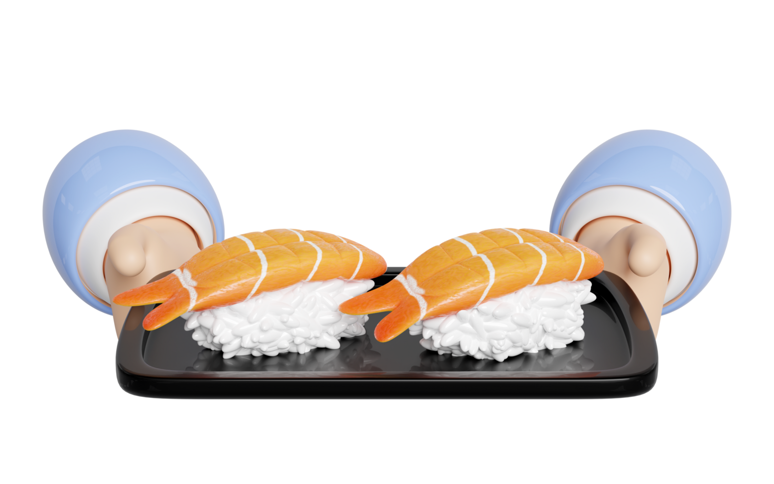 3d hand håll räka onigiri sushi med mat bricka, japansk mat isolerat begrepp, 3d framställa illustration png