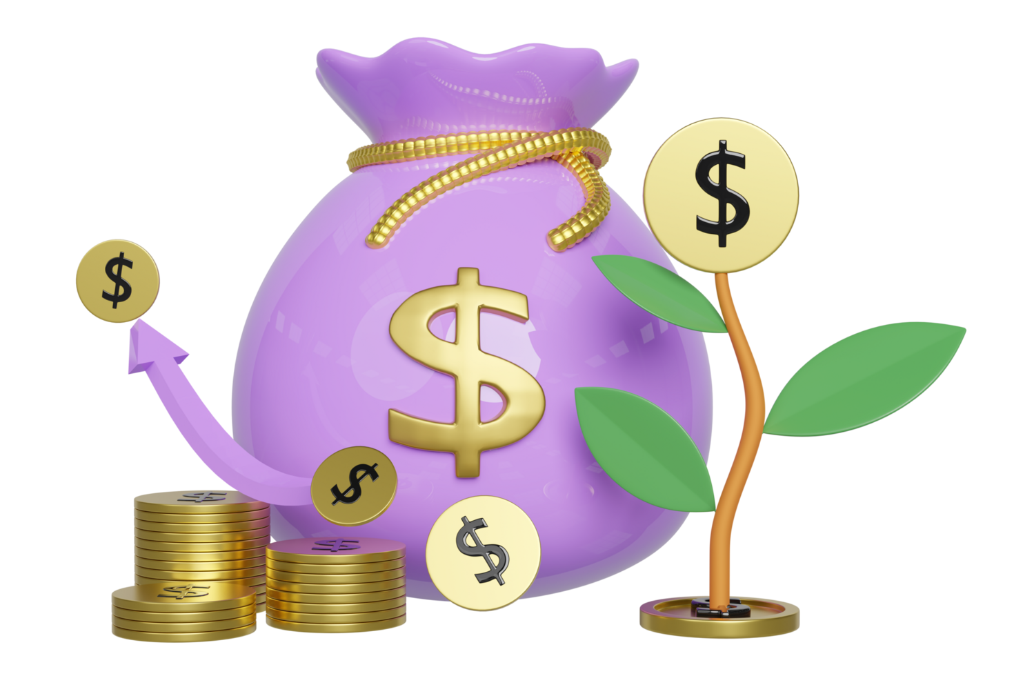 3D money bag with gold coins pile, tree, graph arrow isolated. financial success and growth or saving money concept, 3d render illustration png