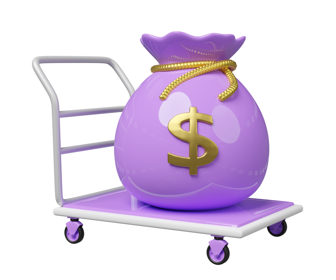 money bag on warehouse trolley icon 3d, platform trolley isolated. investment or business finance, loan concept, 3d render illustration png