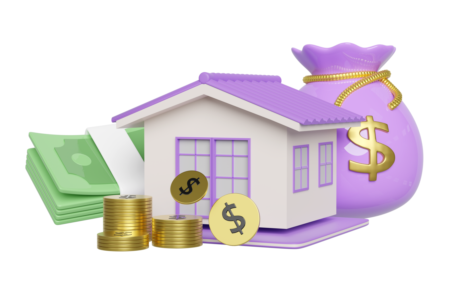 home with gold coins pile, banknote stack, money bag isolated. saving