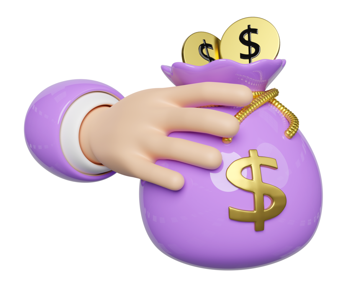 3d cartoon businessman hands holding money bag with coin dollar isolated. quick credit approval or loan approval concept, 3d render illustration png