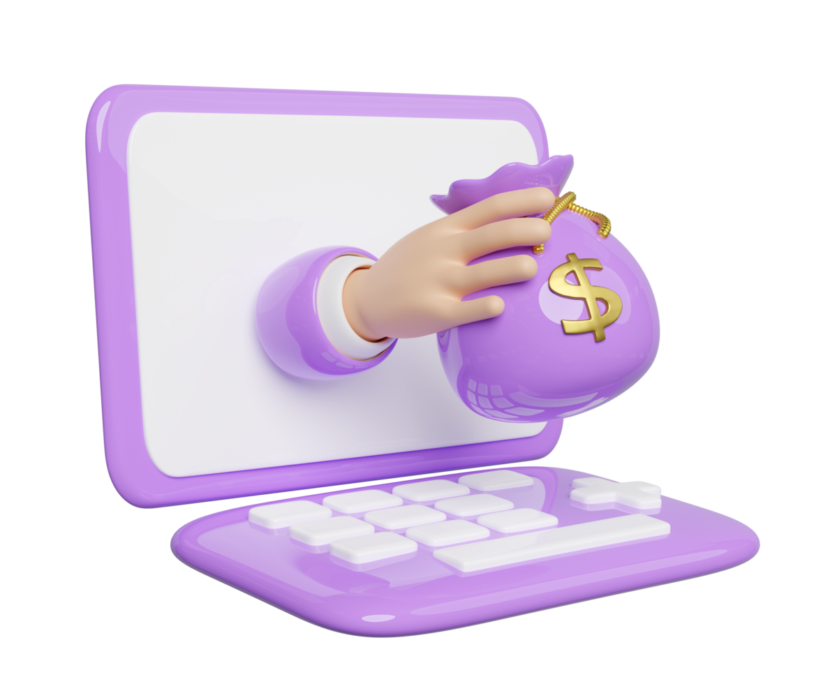 3d Laptop with cartoon businessman hands holding money bag dollar isolated. Quick credit approval or loan approval concept, 3d render illustration png