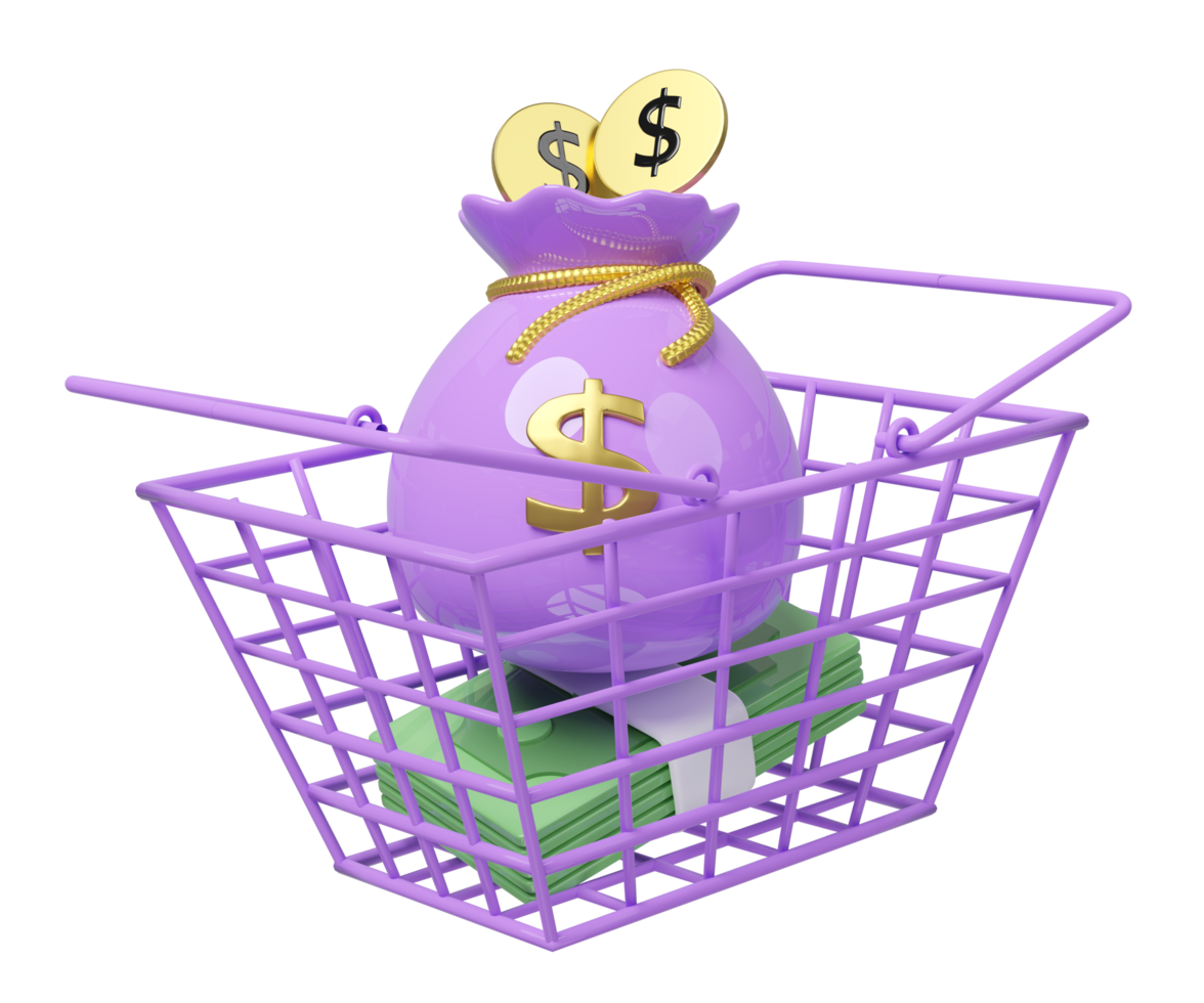 basket money with bag, coin dollar isolated. economic movements or business finance concept, 3d illustration render png