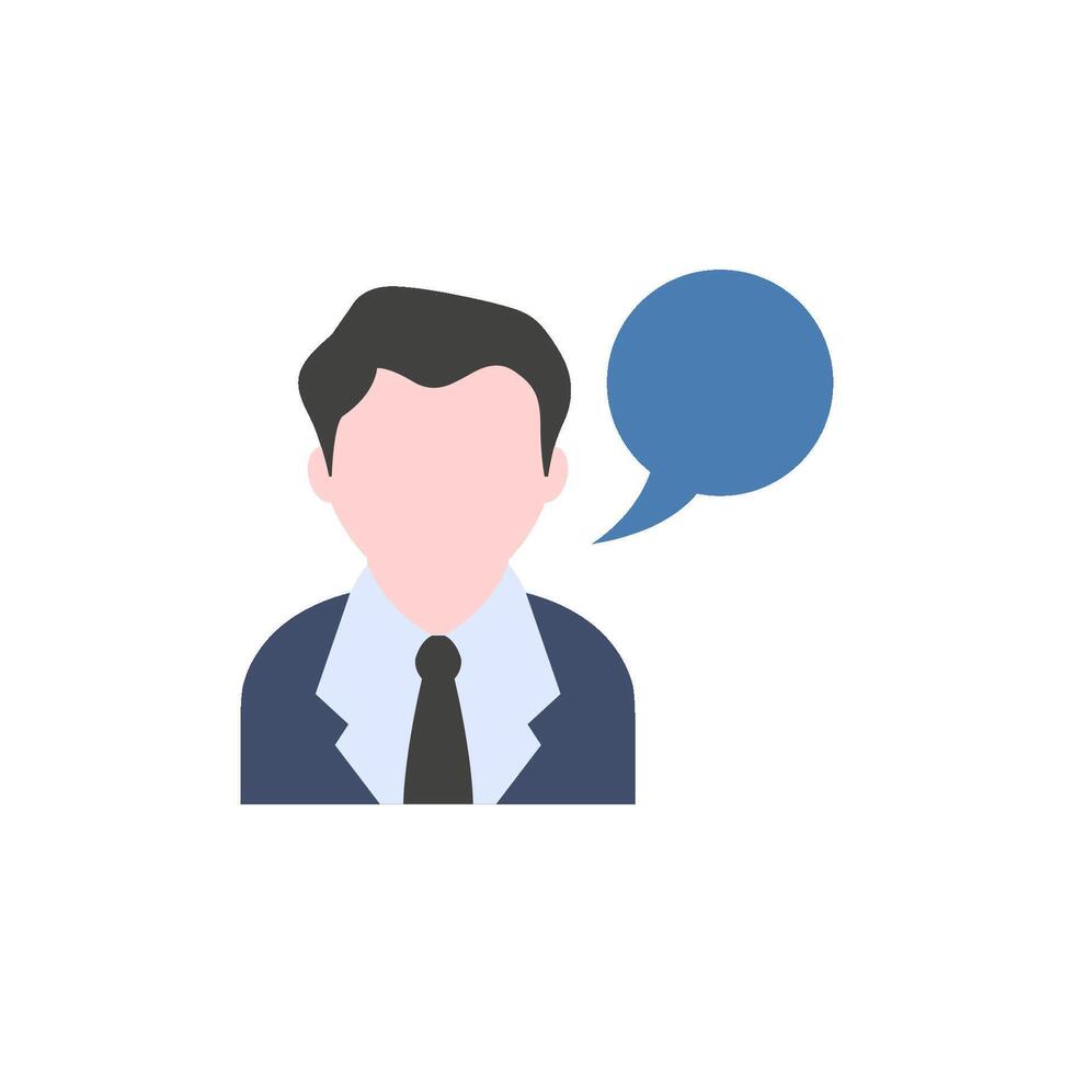 Businessman with talk bubble icon in flat color style. Communication discussion idea vector