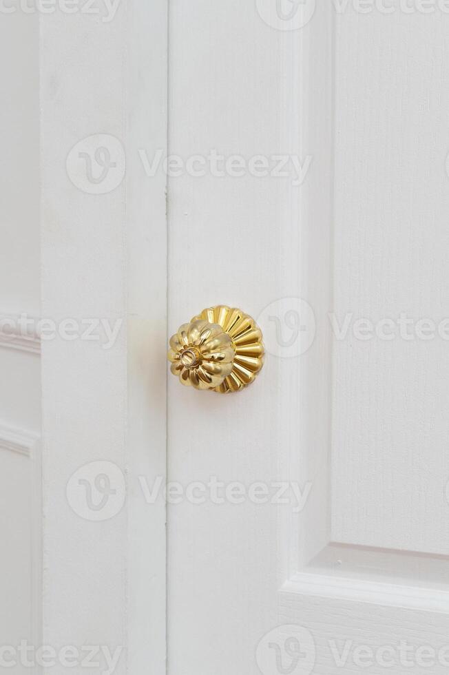 gold door knob handle. reflective surface and modern design add touch of luxury to entrance door. Crafted with metal and wood, this round knob shines with style and security. photo