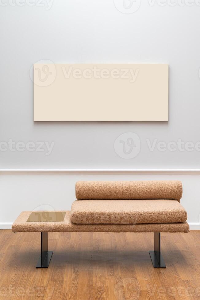 Art gallery with blank white walls and clean, modern interior. The spacious floor and exhibition hall provide the perfect space to display artwork and photographs. Enhance the contemporary design. photo