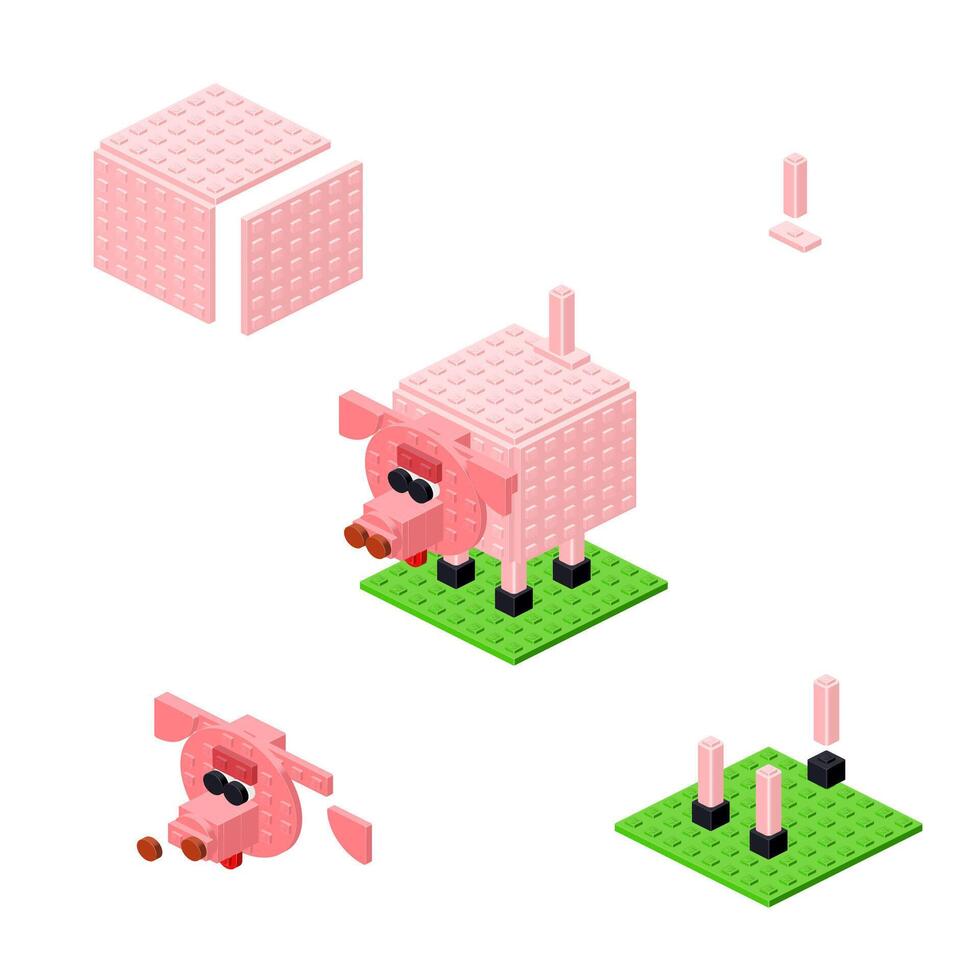 Concept with pink pig made from plastic bricks. Vector