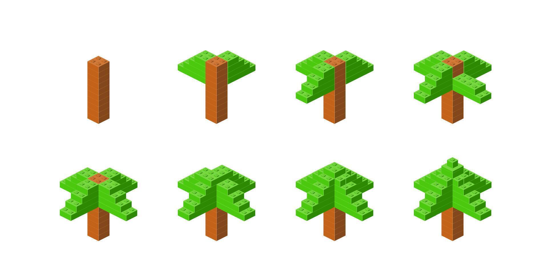 Step-by-step construction of a green Christmas tree from plastic blocks in isometry. Vector