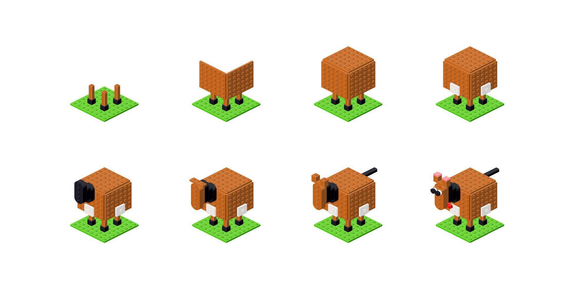 Step-by-step construction of a horse from plastic blocks in isometry. Vector