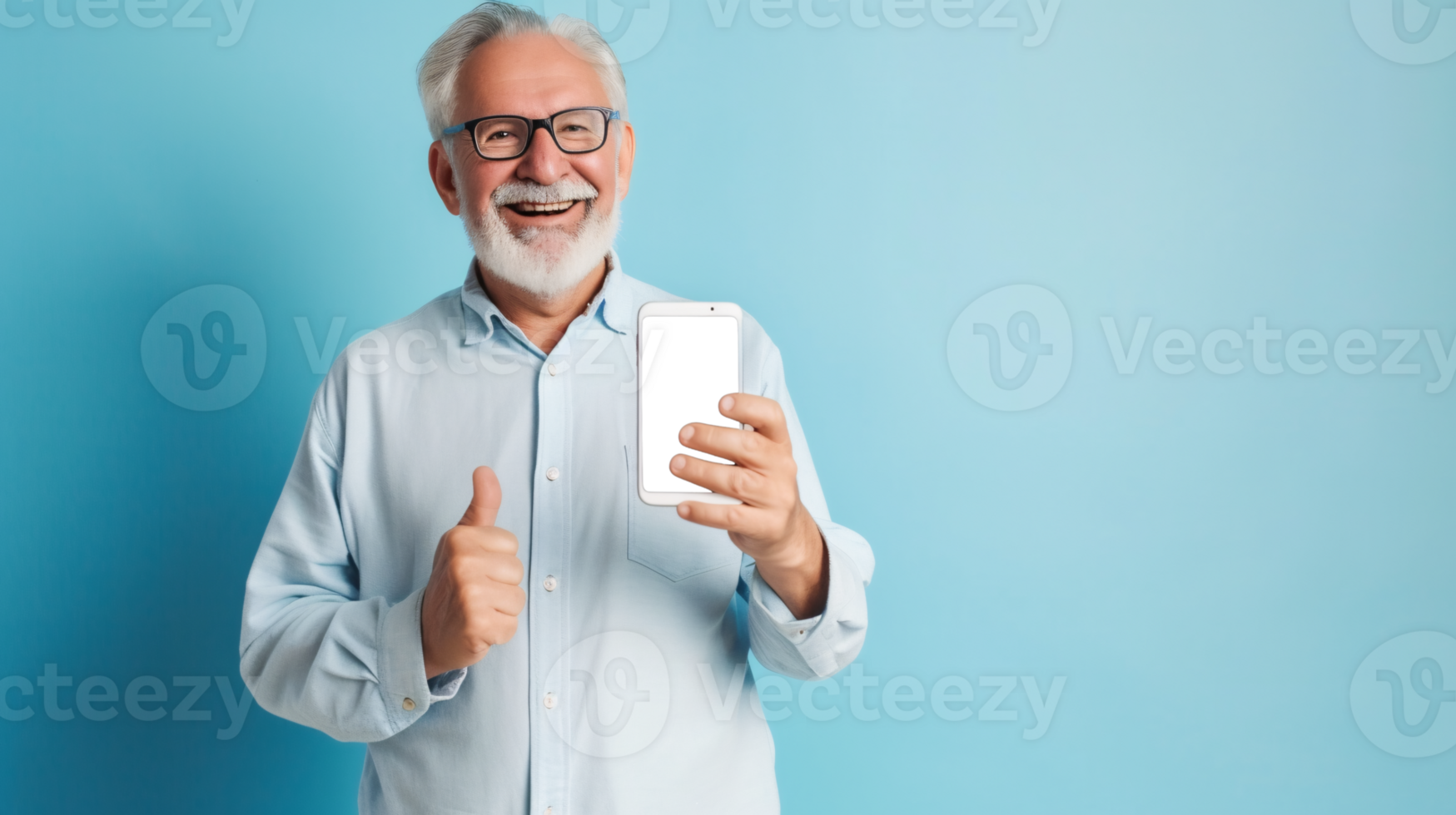 AI generated Smiling senior man showing phone with transparent display and giving thumbs up on a blue background, endorsing technology. png