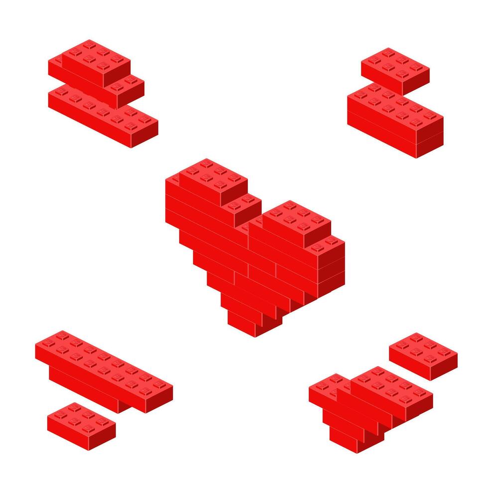 Concept with red heart made of plastic bricks. Vector