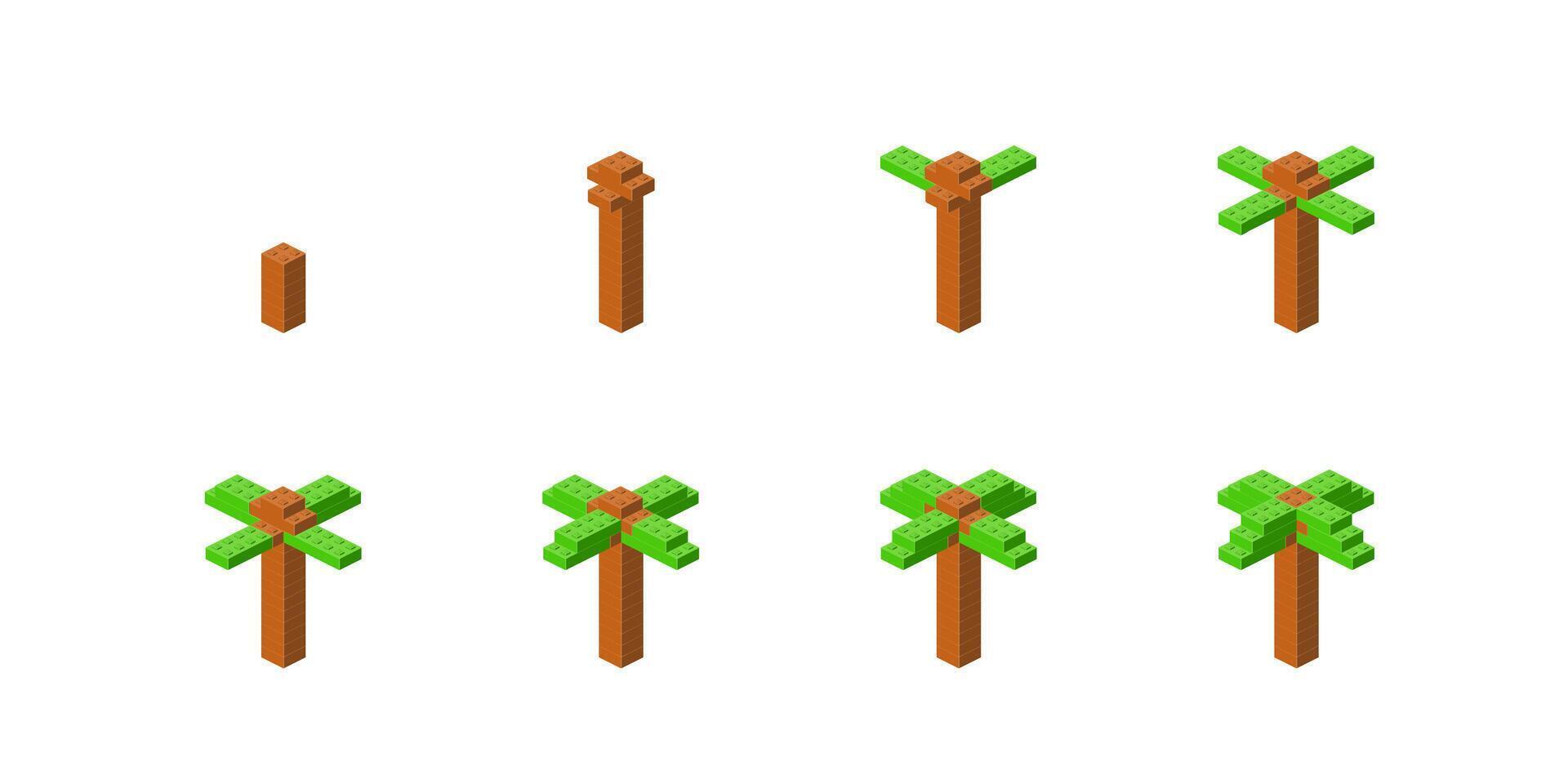 Step-by-step construction of a tropical palm tree from plastic blocks in isometry. Vector