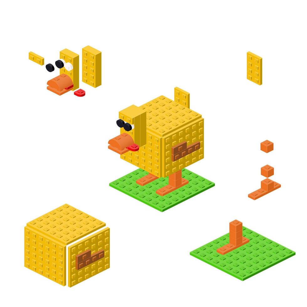 Concept with cute duckling made from plastic bricks. Vector