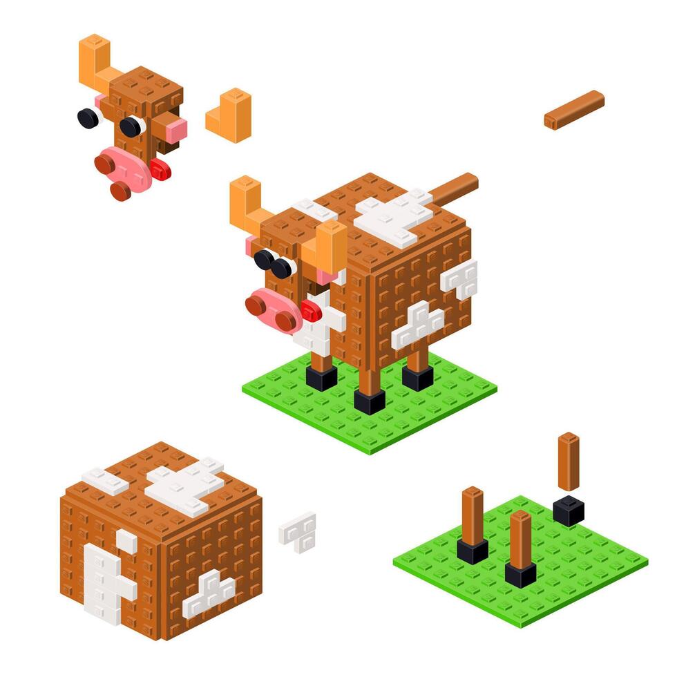 Concept with brown cow made of plastic bricks. Vector