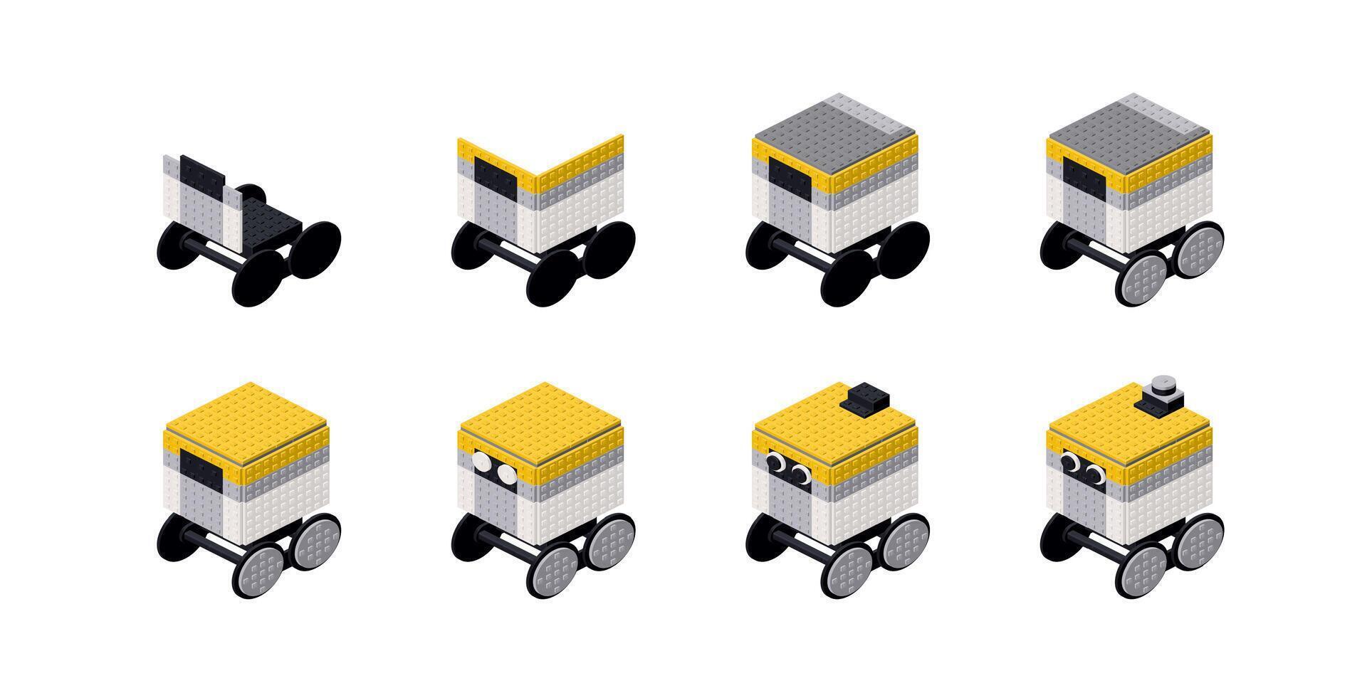 Step-by-step construction of a courier robot from plastic blocks in isometry. Vector