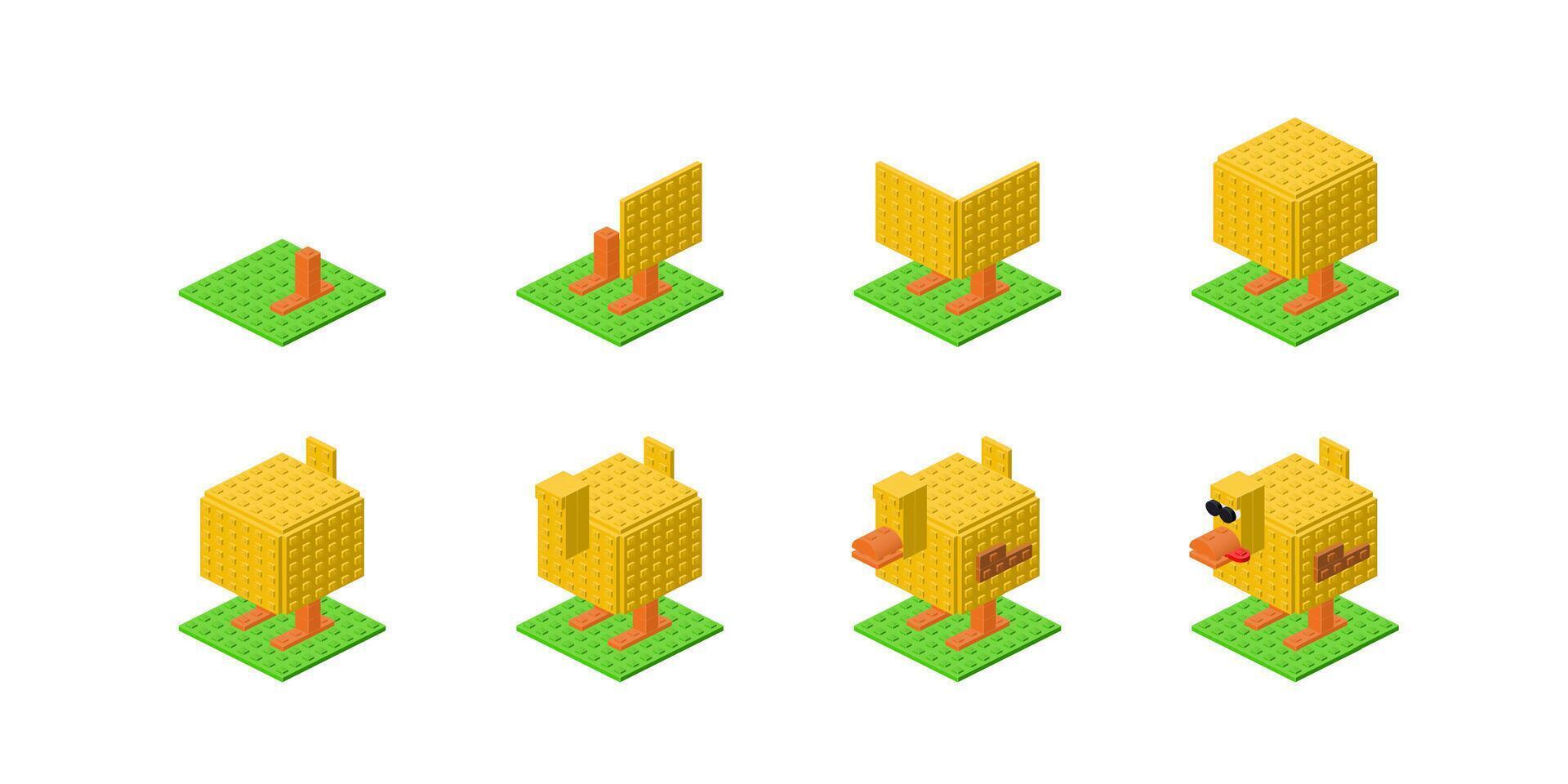 Step-by-step construction of a yellow duck from plastic blocks in isometry. Vector