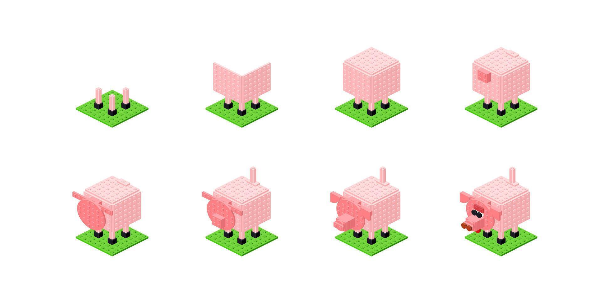 Step-by-step construction of a pink pig from plastic blocks in isometry. Vector