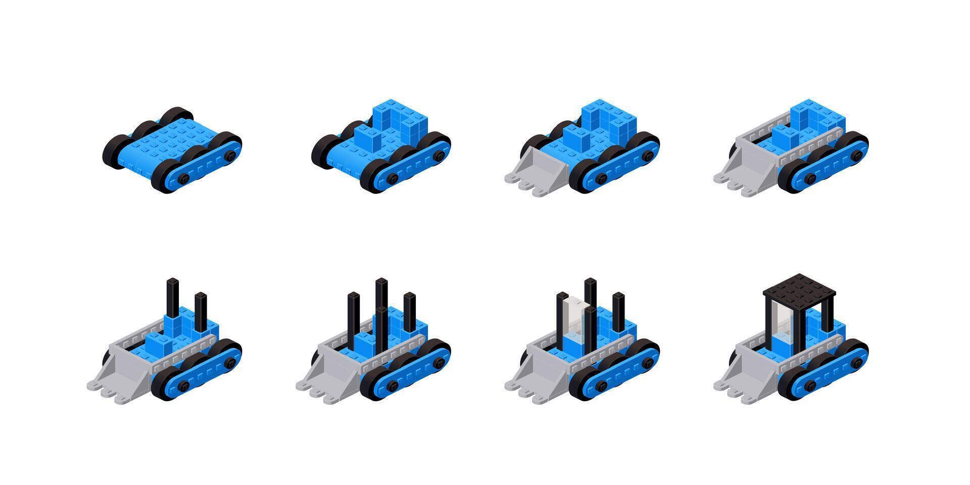 Step-by-step construction of a blue mini excavator from plastic blocks in isometry. Vector