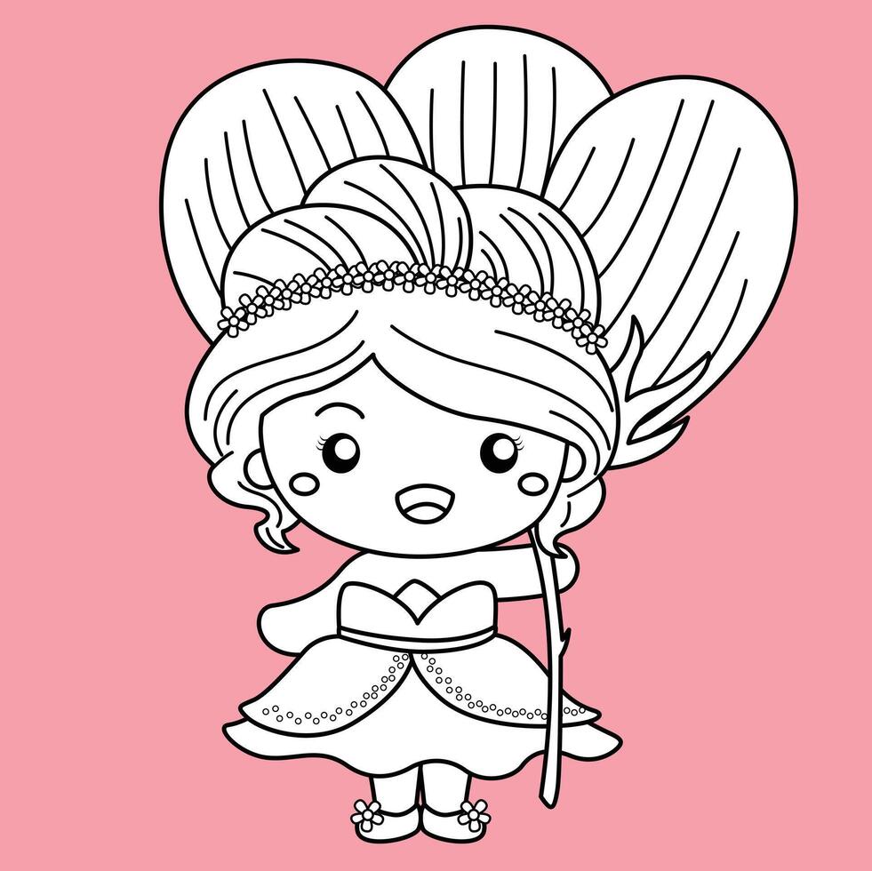 Cute Little Garden Princess Girl Cartoon Digital Stamp Outline vector