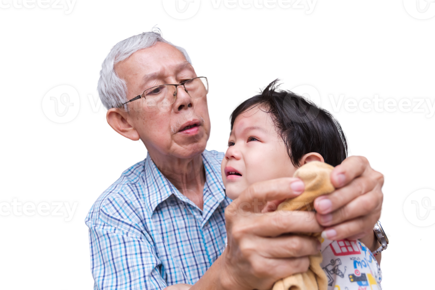 Grandfather Comforting Crying Child with Towel. Elderly Asian man soothing a young tearful child with a gentle touch and a soft towel, moments of family care and affection. png