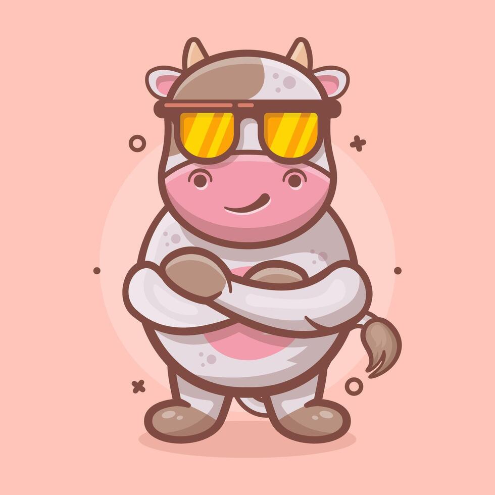 frio vaca animal personaje mascota con cruzado brazos aislado dibujos animados en plano estilo diseño vector