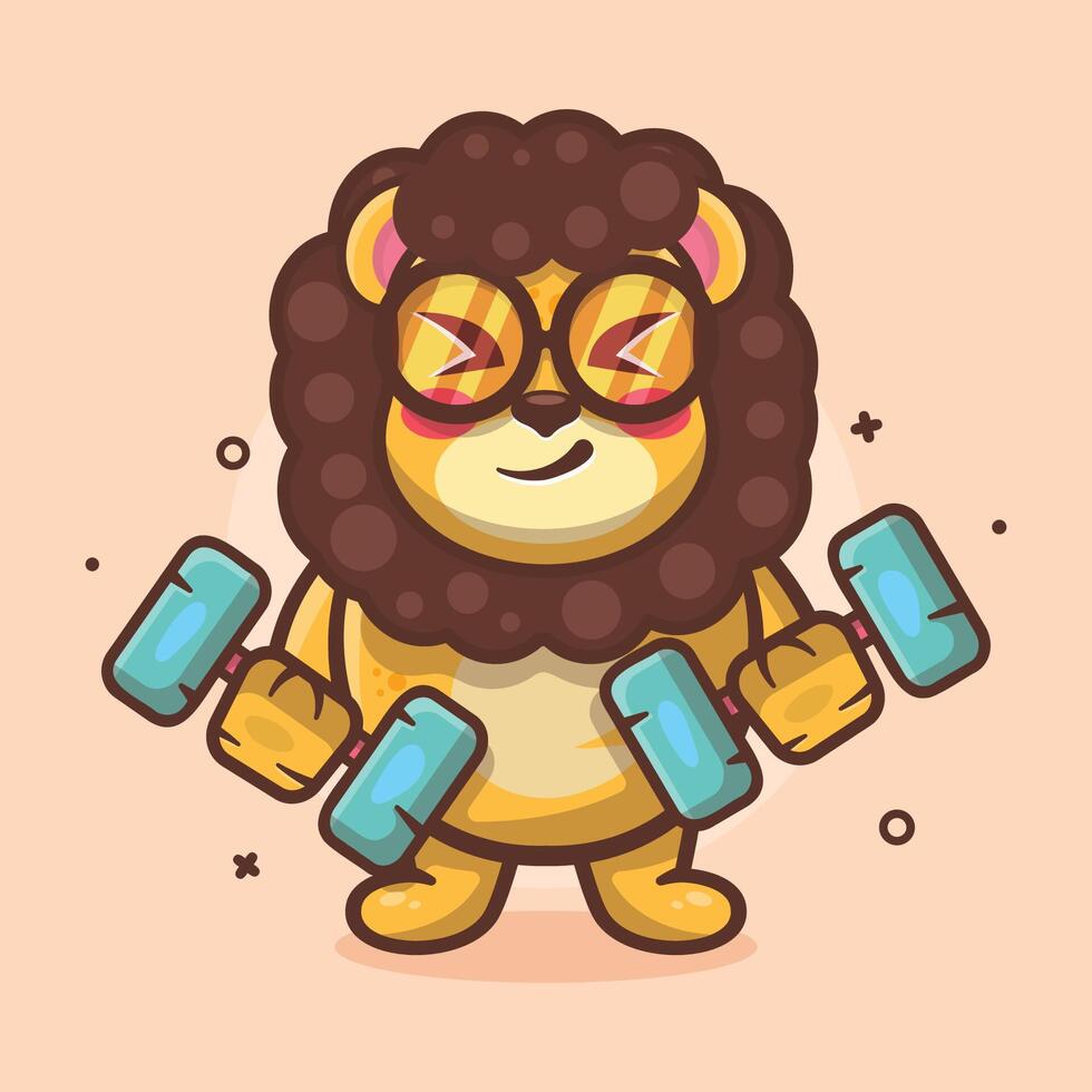 cheerful lion animal character mascot doing bodybuilding using dumbbell isolated cartoon vector