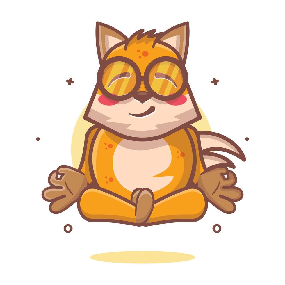 calm fox animal character mascot with yoga meditation pose isolated cartoon vector