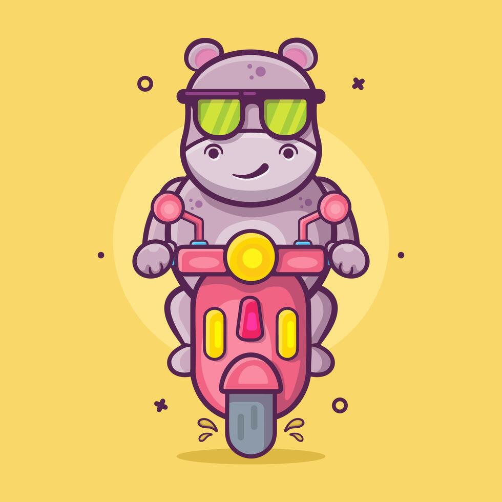 frio hipopótamo animal personaje mascota montando scooter motocicleta aislado dibujos animados en plano estilo diseño vector