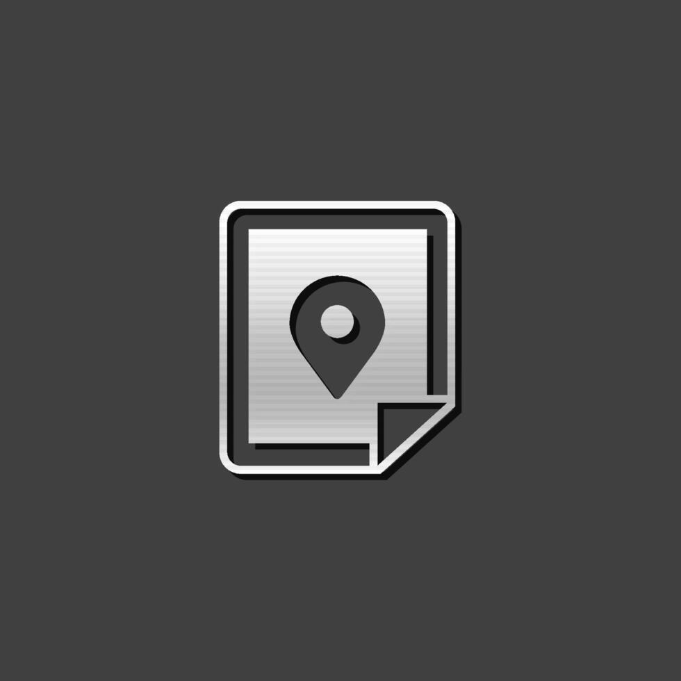 Road map icon with pin location in metallic grey color style. vector