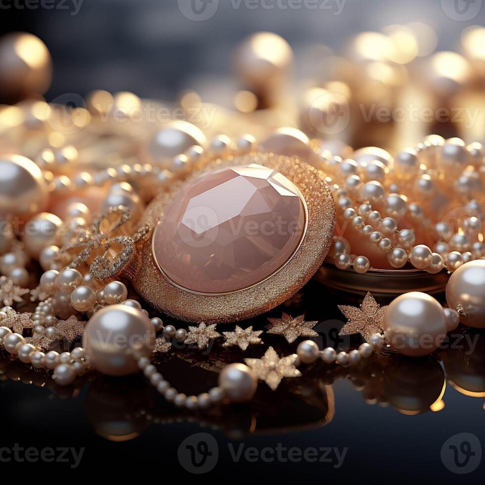 AI generated Beautiful group of shiny pearls on soft background with sparkles and light beams with copy space. photo