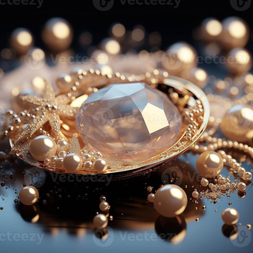 AI generated Beautiful group of shiny pearls on soft background with sparkles and light beams with copy space. photo