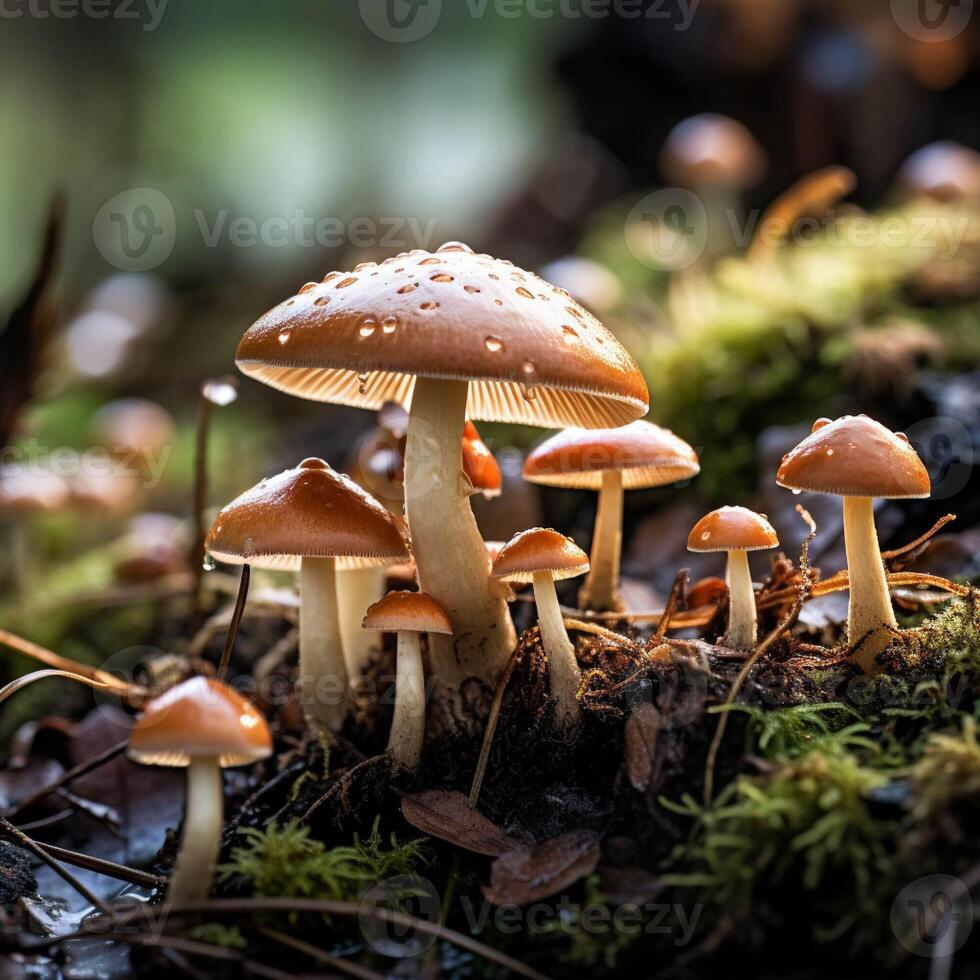 ai generado hermosa grupo de hongos. de cerca de hongos en un bosque foto