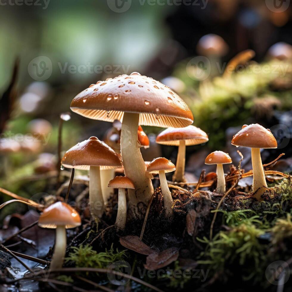 AI generated Beautiful group of mushrooms. Close-up of mushrooms in a forest photo