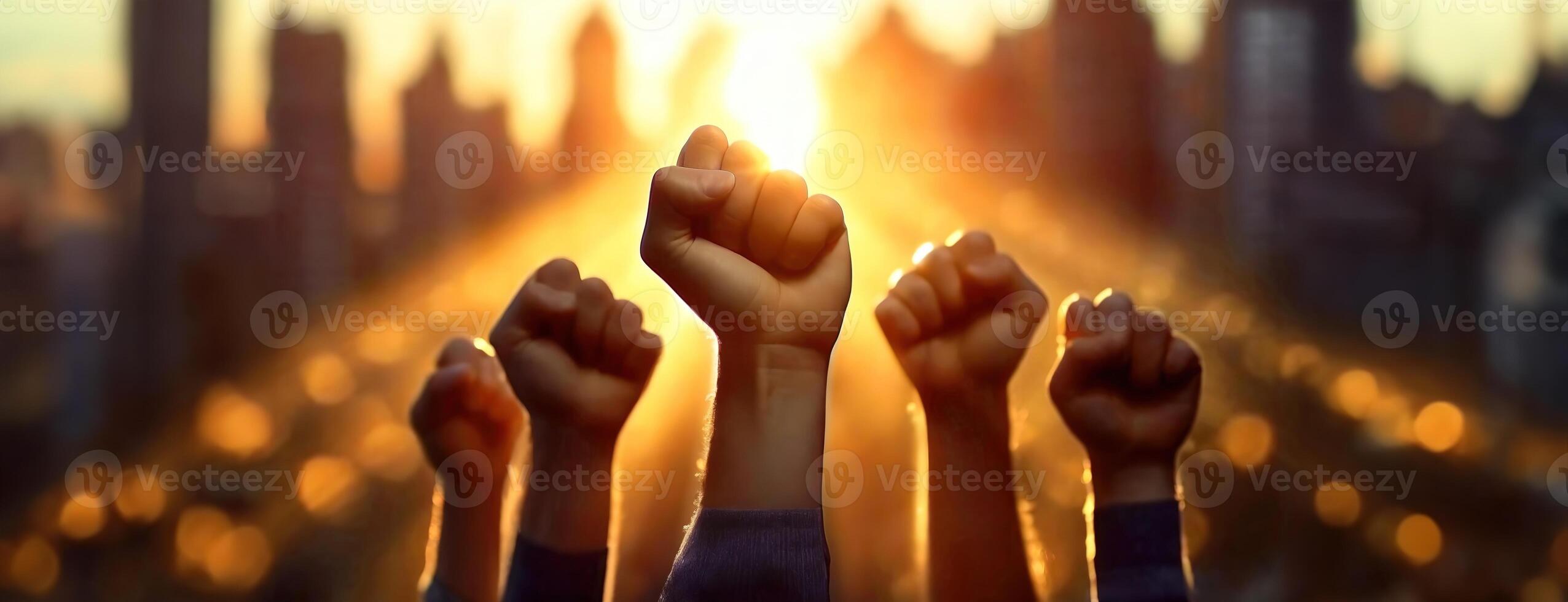 AI Generated Raised fists caught in the sunset symbolize unity and strength. Silhouettes of workers raised hands during parade at dusk. Power and solidarity of a group celebrating Republic Day in photo