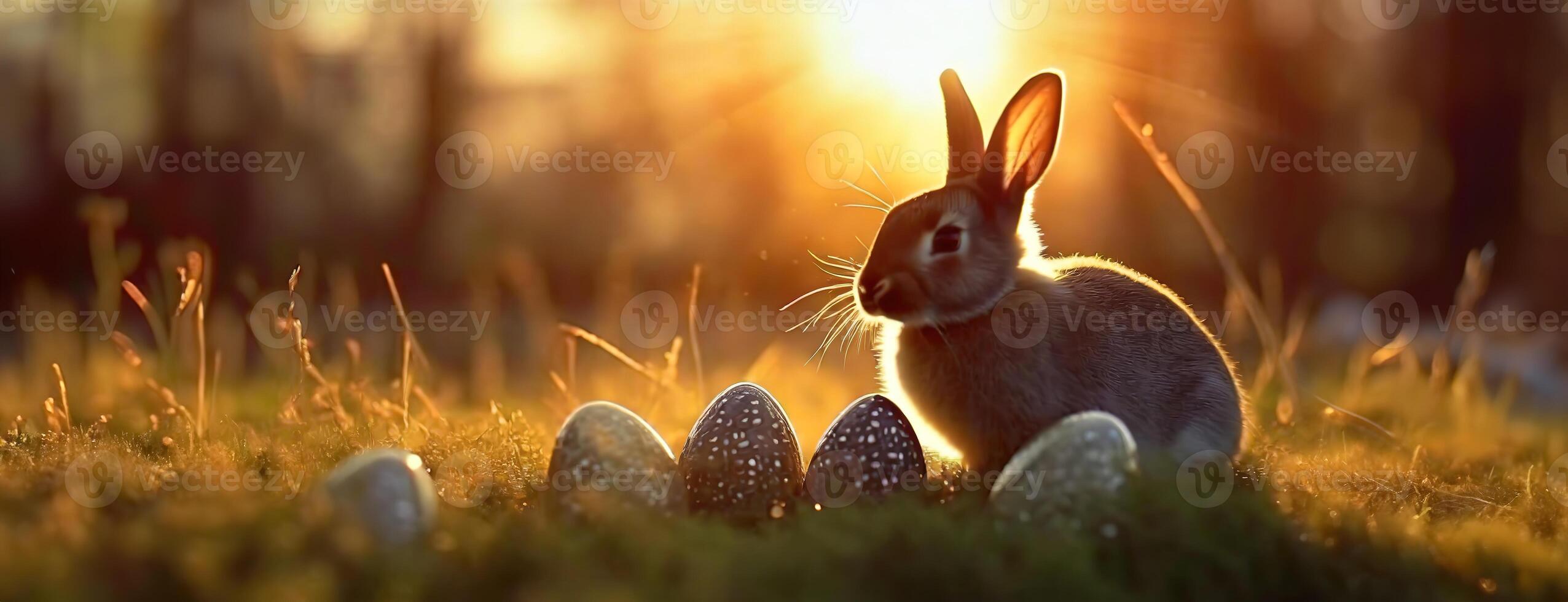 AI Generated Easter symbols of rebirth, the bunny and eggs, bask in the tranquil evening sunlight. The soft light of dusk casts a serene glow on a peaceful scene, embodying the spirit of spring photo