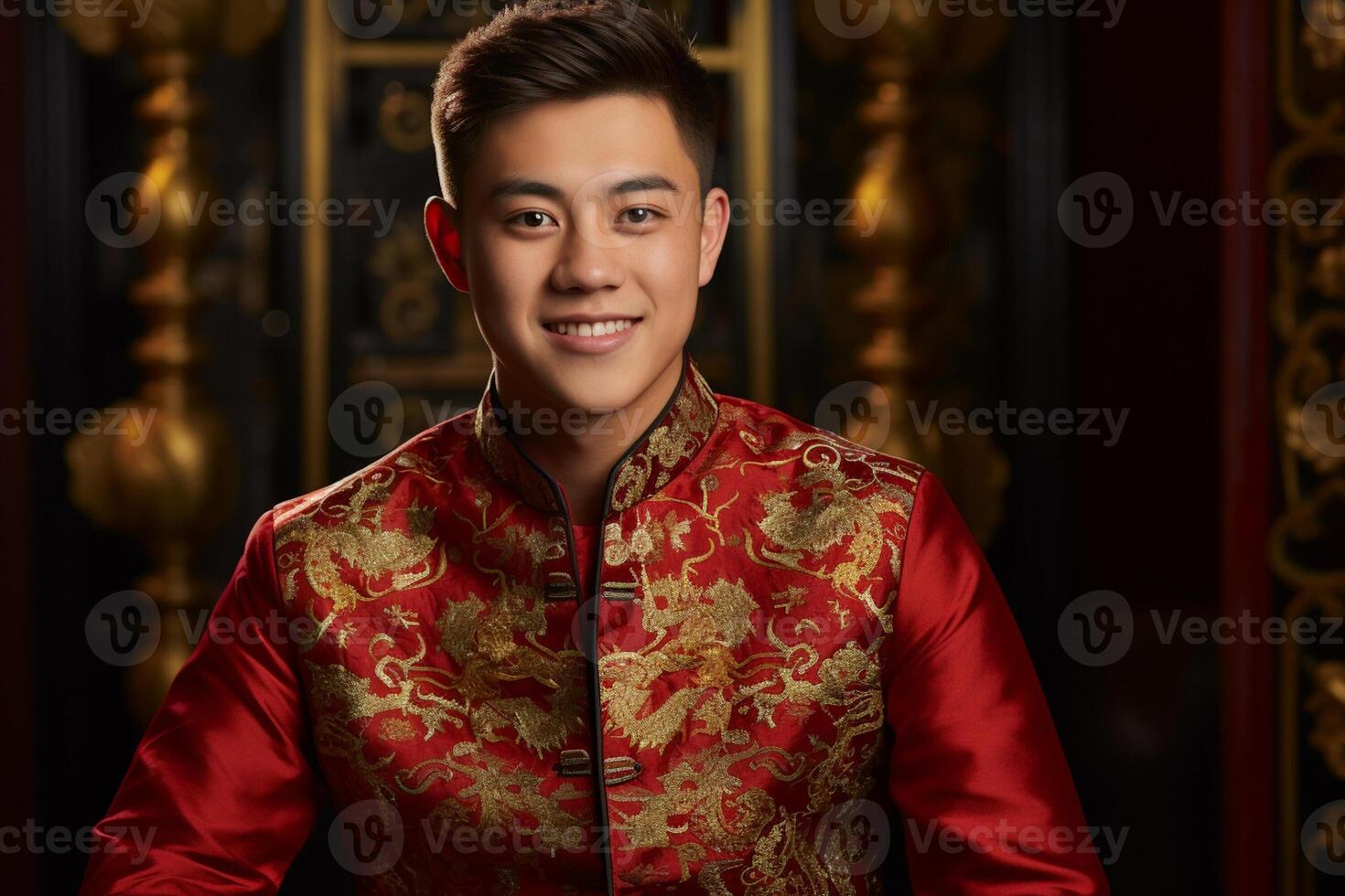 AI generated handsome chinese man wearing red traditional clothes bokeh style background with generative ai photo
