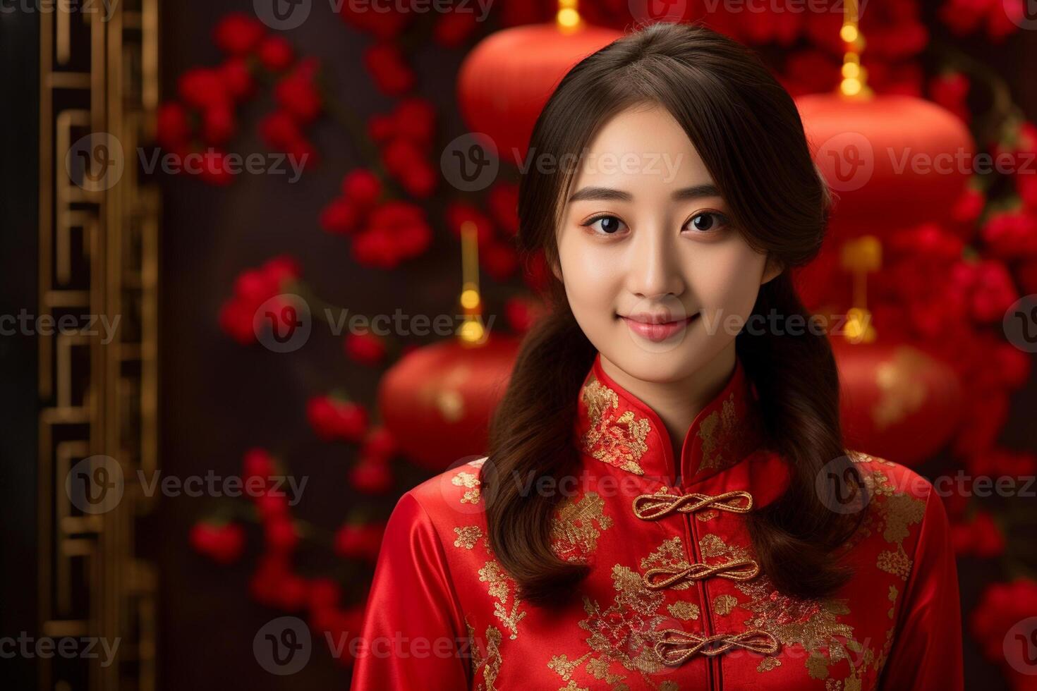 AI generated beautiful chinese woman wearing red traditional clothes bokeh style background with generative ai photo