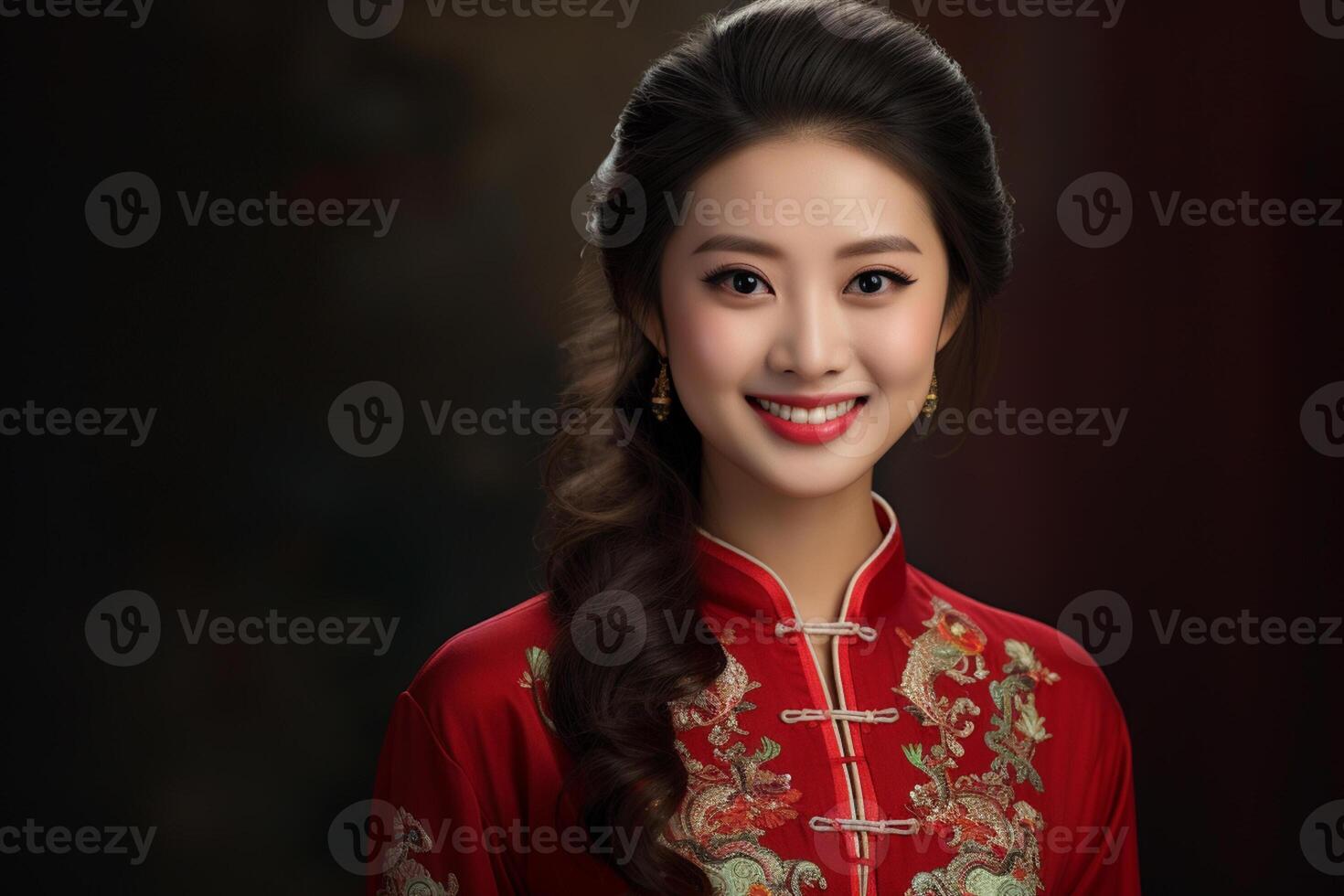AI generated beautiful chinese woman wearing red traditional clothes with generative ai photo