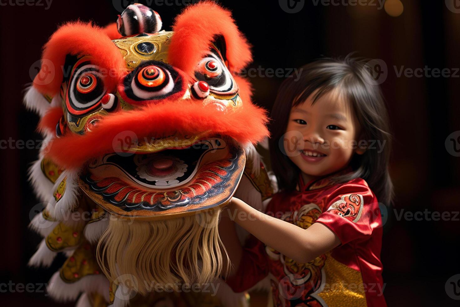 AI generated a young chinese girl with dragon dance mask bokeh style background with generative ai photo