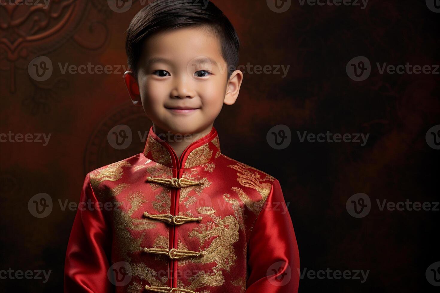 AI generated a young chinese boy wearing red chinese traditional clothes with generative ai photo