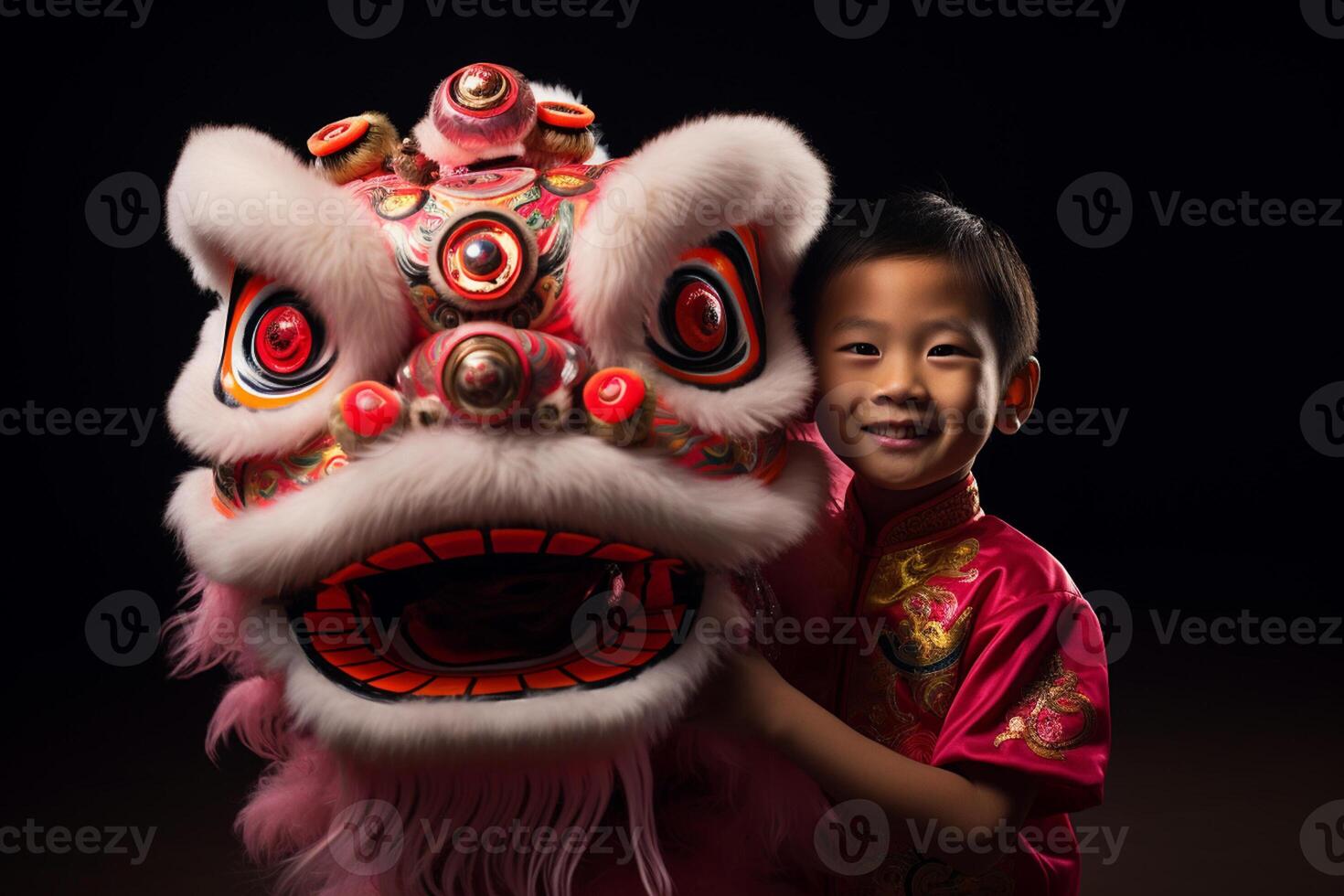 AI generated a young chinese boy with dragon dance mask with generative ai photo