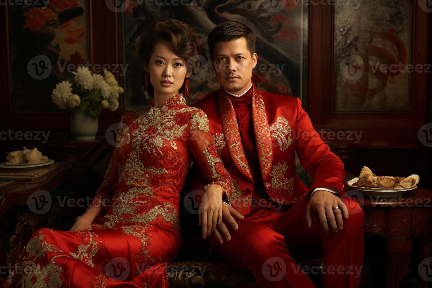 AI generated chinese groom and bride wearing chinese wedding attire with generative ai photo