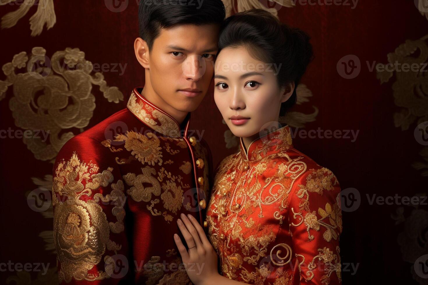AI generated chinese groom and bride wearing chinese wedding attire with generative ai photo
