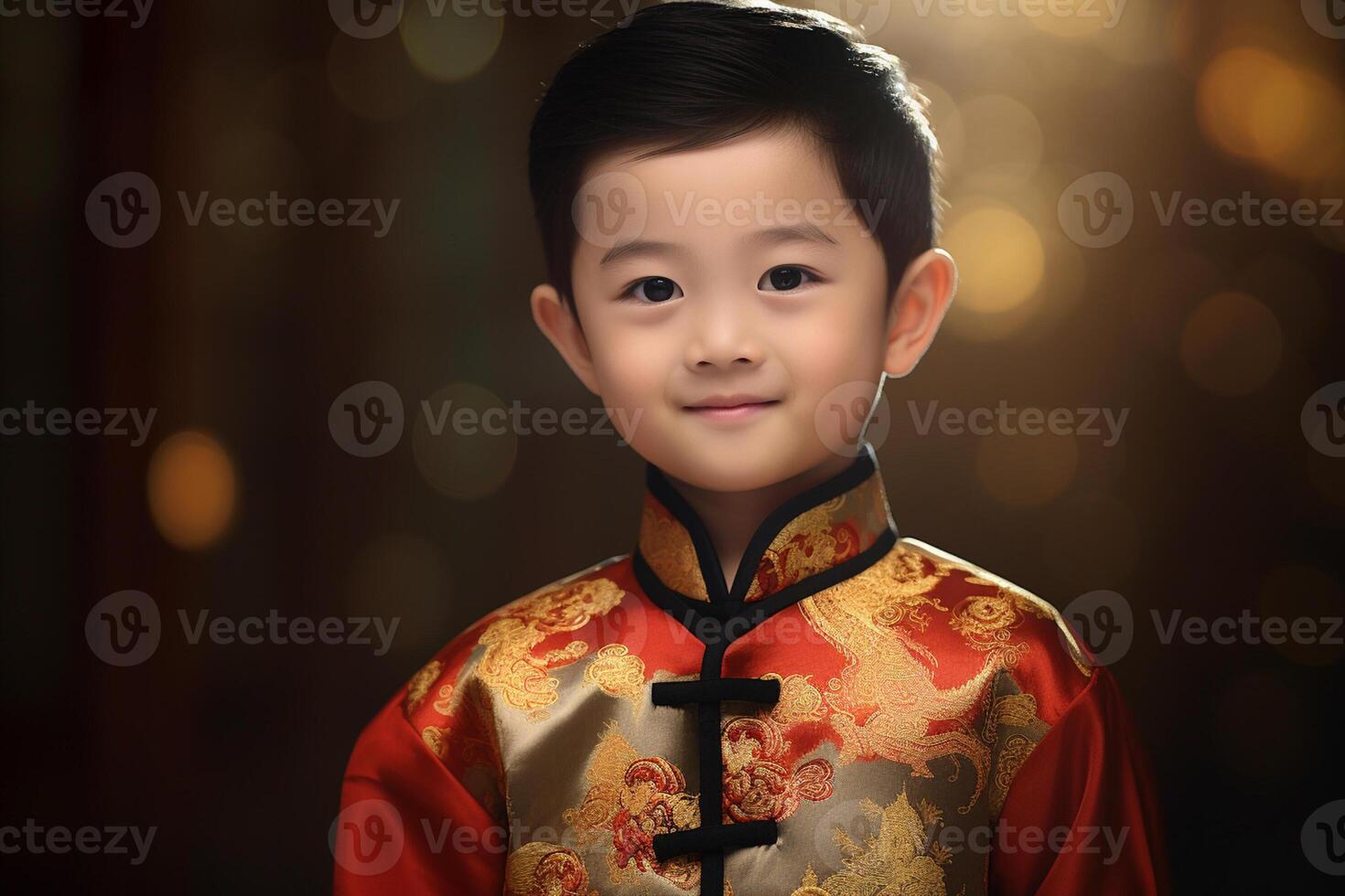 AI generated a young chinese boy wearing red chinese traditional clothes bokeh style background with generative ai photo