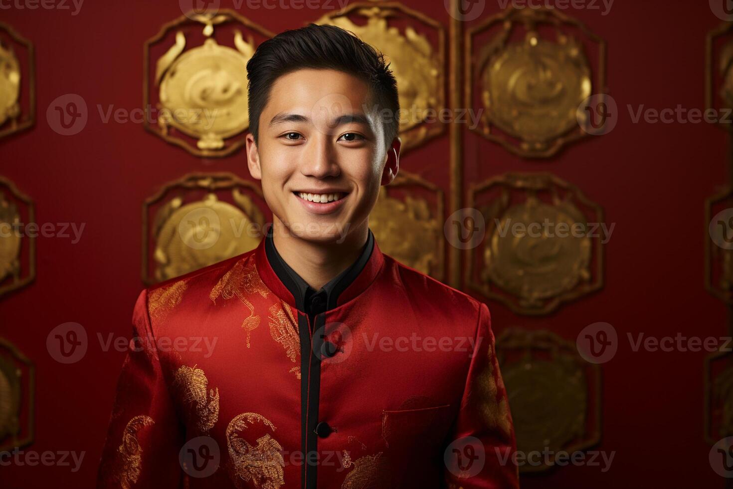 AI generated handsome chinese man wearing red traditional clothes with generative ai photo