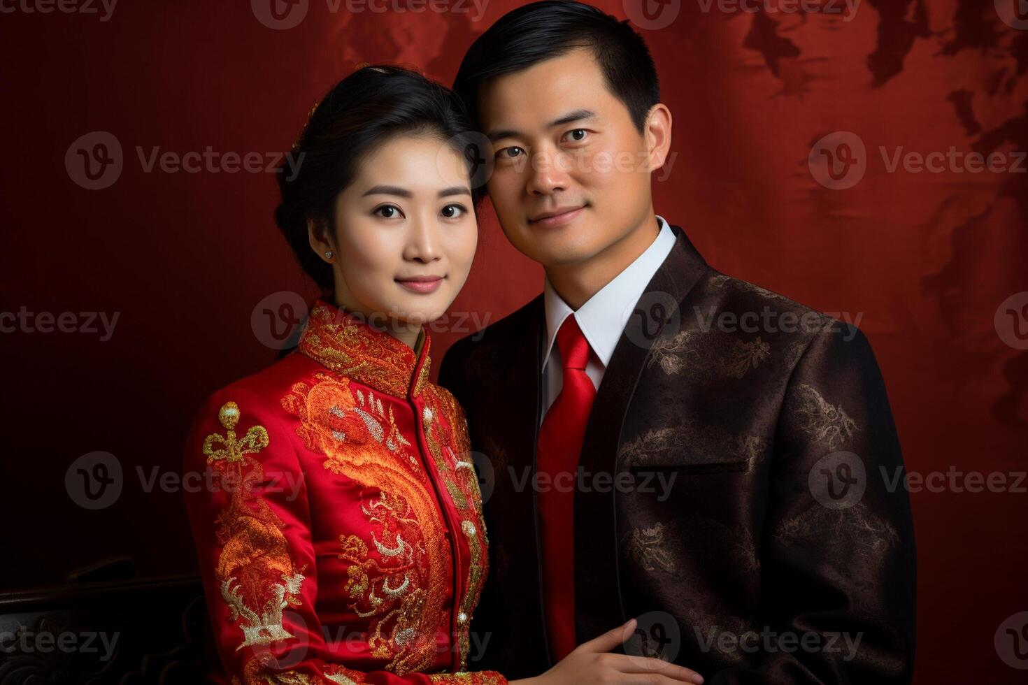 ai generado chino novio y novia vistiendo chino Boda atuendo con generativo ai foto